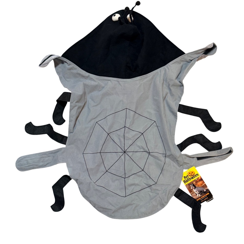 Pet Halloween Spider Dog Costume XXL Gray Black Spiderweb Hooded Large Breed NWT